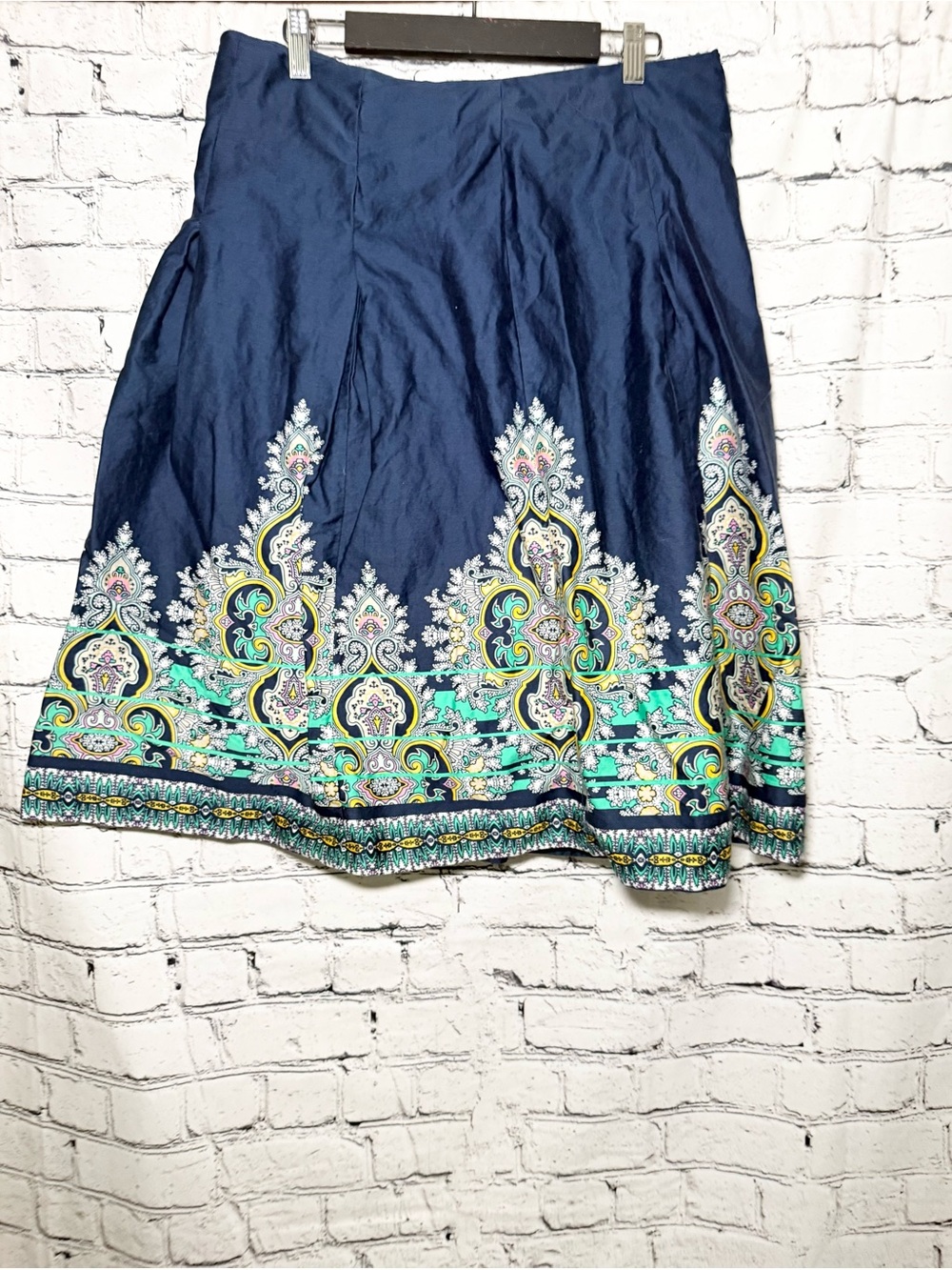 Navy Printed A-Line Midi Skirt. Size 8